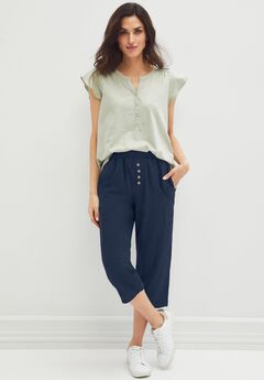 Ribbed Elastic Waist Linen-Blend Capris