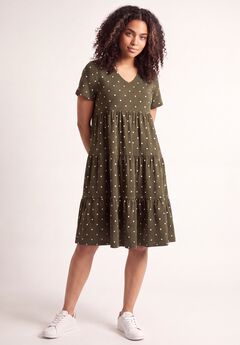 Cotton Spandex V-Neck Short Sleeve Tiered A-Line Dress