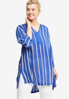 Crinkle Crepe Notch Neck Three-Quarter Sleeve High-Low Tunic