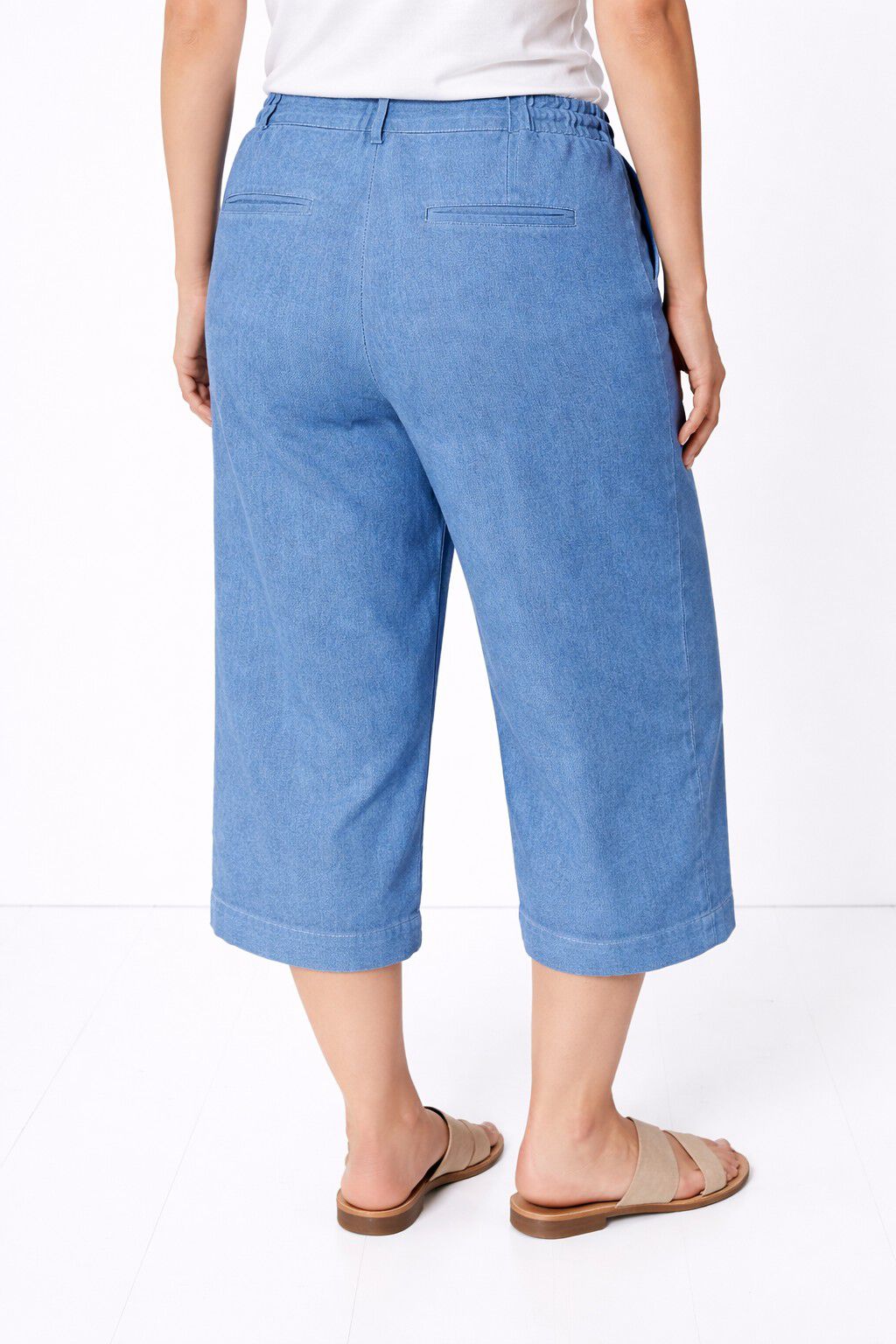 100% Cotton Mid-Rise Lightweight Denim Elastic Waist Wide-Leg Crop Trouser Jeans, , alternate image number 2