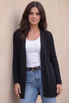 Open Front Long Ribbed Sleeve Waffle Cardigan
