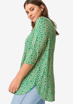Stretch Knit Scoop Neck 3/4 Sleeve Curved Hem Tunic