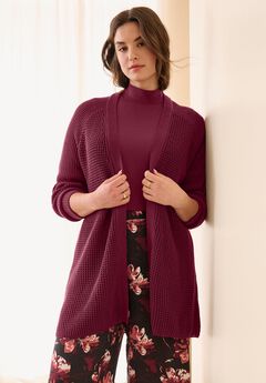 Open Front Long Ribbed Sleeve Waffle Cardigan
