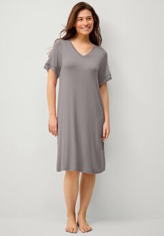 Stretch Knit V-neck Short Sleeve Lace Trim Sleep Shirt