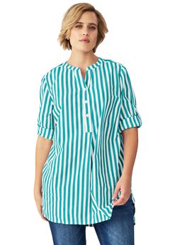 Three-Quarter Sleeve Roll Tab Relaxed Fit 100% Cotton Henley Tunic