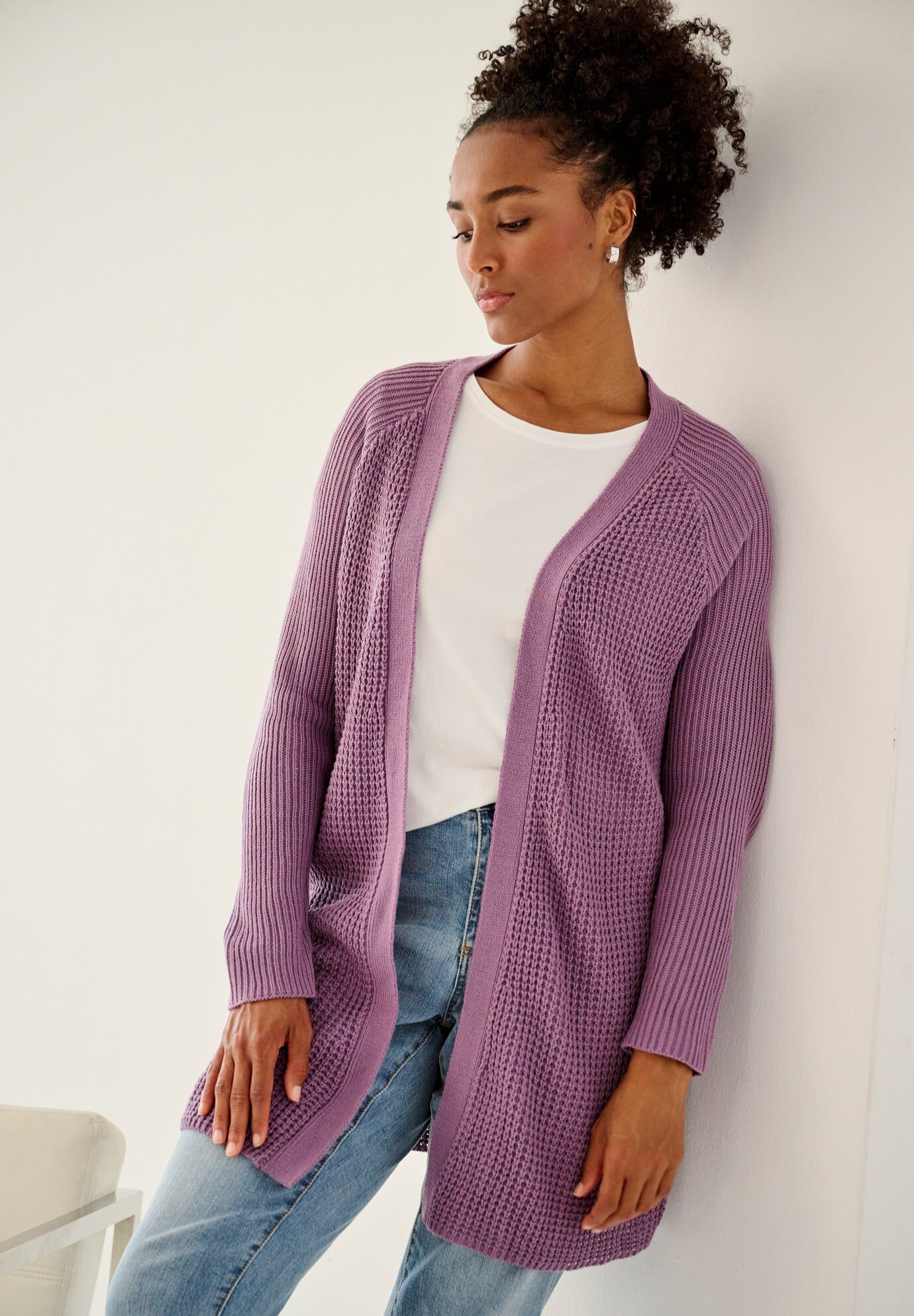 Open Front Waffle Cardigan﻿