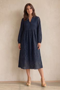 Eyelet Midi Dress with Blouson Sleeves
