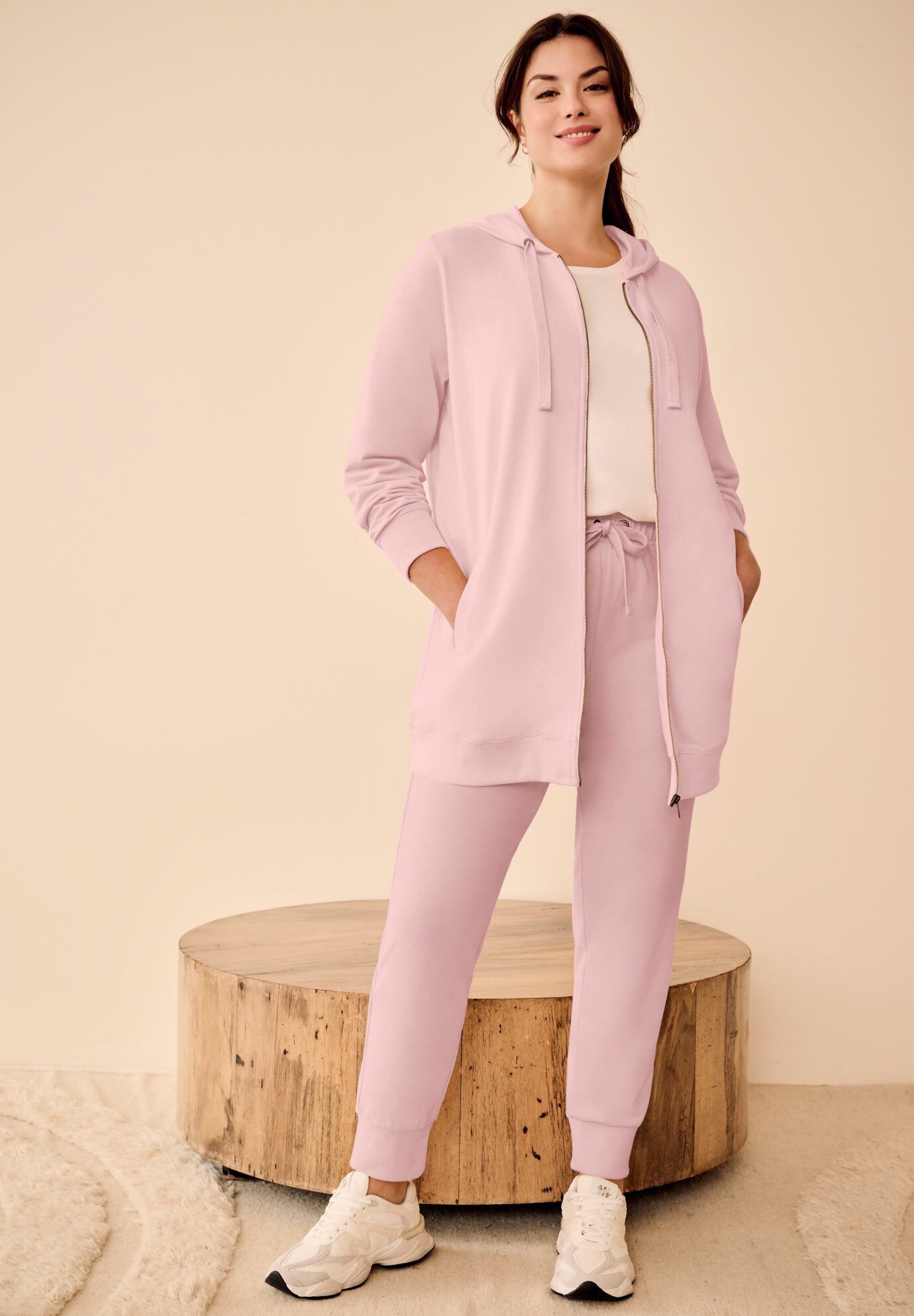 French Terry Long Zip Front Hoodie, WOOD ROSE PINK, hi-res image number 0