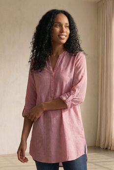 Three-Quarter Sleeve Roll Tab Relaxed Fit 100% Cotton Henley Tunic