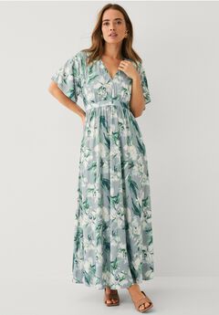 Stretch Knit Fit And Flare Elbow-Length Sleeve Tie-Back Maxi Dress