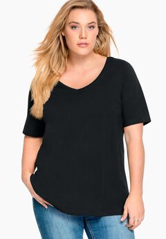 Stretch Jersey Knit A-Line Relaxed V-Neck Short Sleeve Tunic