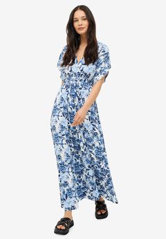 Stretch Knit Fit And Flare Elbow-Length Sleeve Tie-Back Maxi Dress