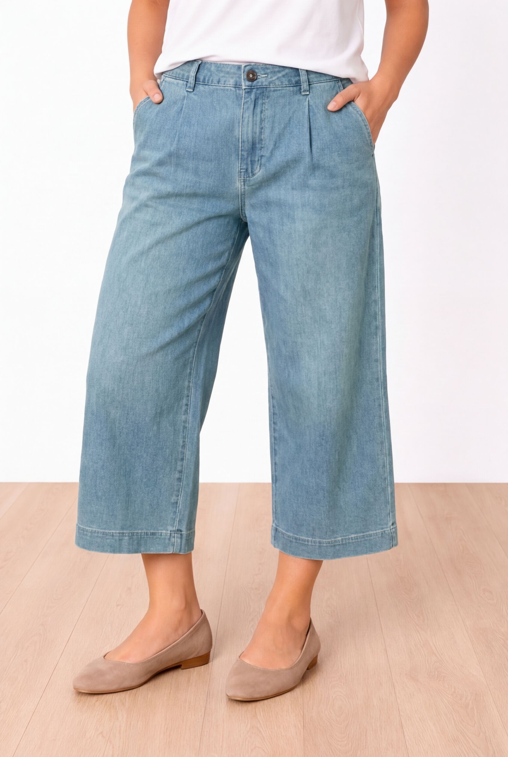 100% Cotton Mid-Rise Lightweight Denim Elastic Waist Wide-Leg Crop Trouser Jeans, LIGHT STONEWASH, hi-res image number 0