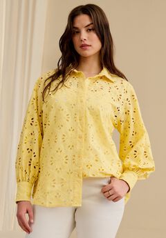 Eyelet Button Front Shirt With Blouson Sleeves