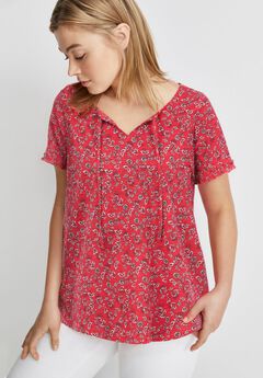 100% Cotton Slub Self-Tie Keyhole Neckline Short Sleeve Tee