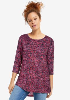 Stretch Jersey Knit Scoop Neck Three-Quarter Sleeve Curved Hem A-Line Tunic