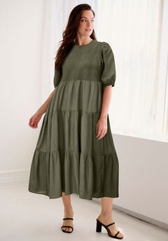 Short Sleeve Smocked Bodice Midi Dress