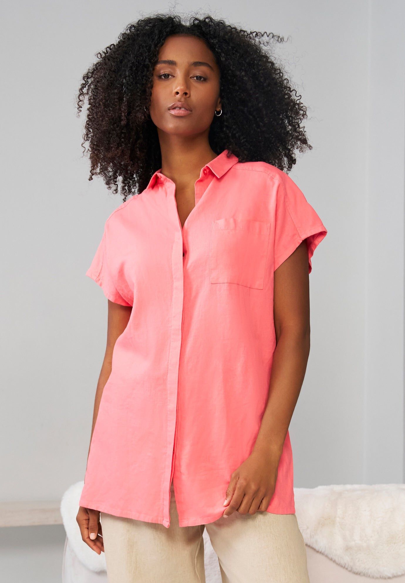 Linen-Blend Button Front Tunic