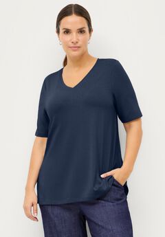 Stretch Knit V-neck Short Sleeve Tunic