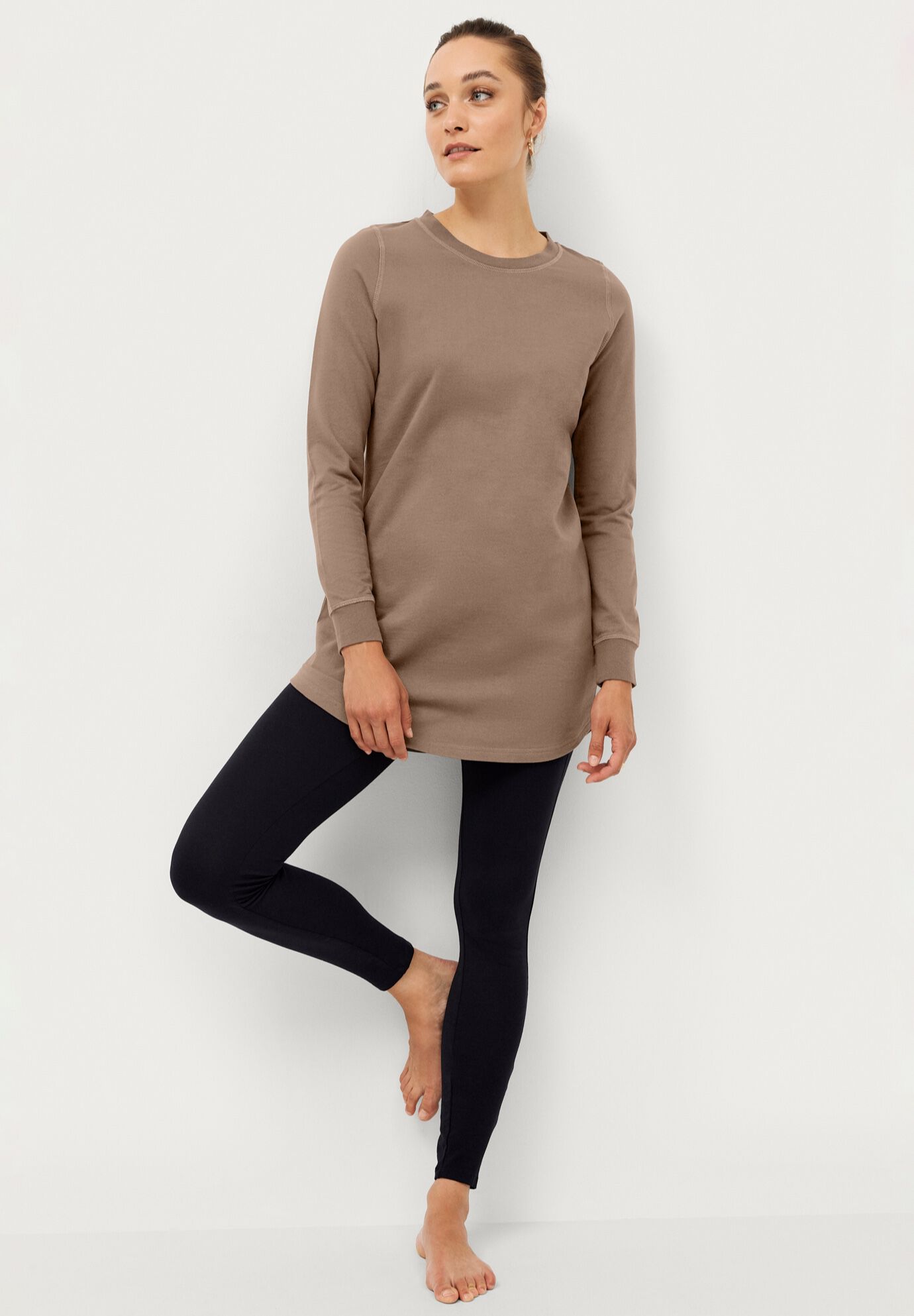 French Terry Blouson Sleeve Sweatshirt Tunic, DARK TAUPE, hi-res image number 0