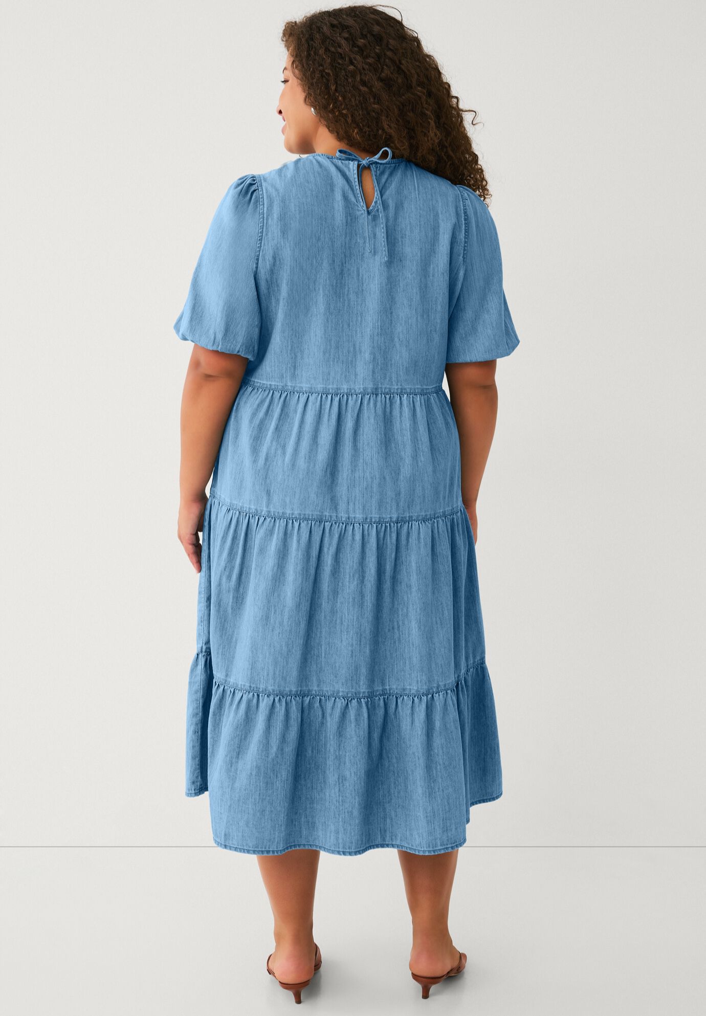 Lightweight Denim Short Sleeve Tiered Midi Dress, LIGHT WASH, on-hover image number 1
