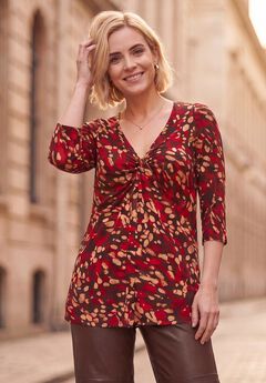 Stretch Jersey Knit V-Neck Three-Quarter Sleeve Knot Front Tunic