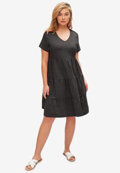 Cotton Spandex V-Neck Short Sleeve Tiered A-Line Dress