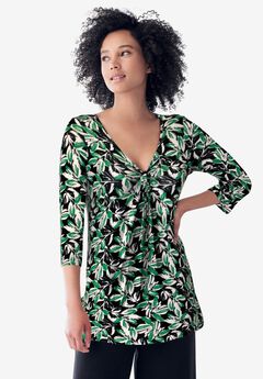 Stretch Knit V-neck 3/4 Sleeve Knot Front Tunic