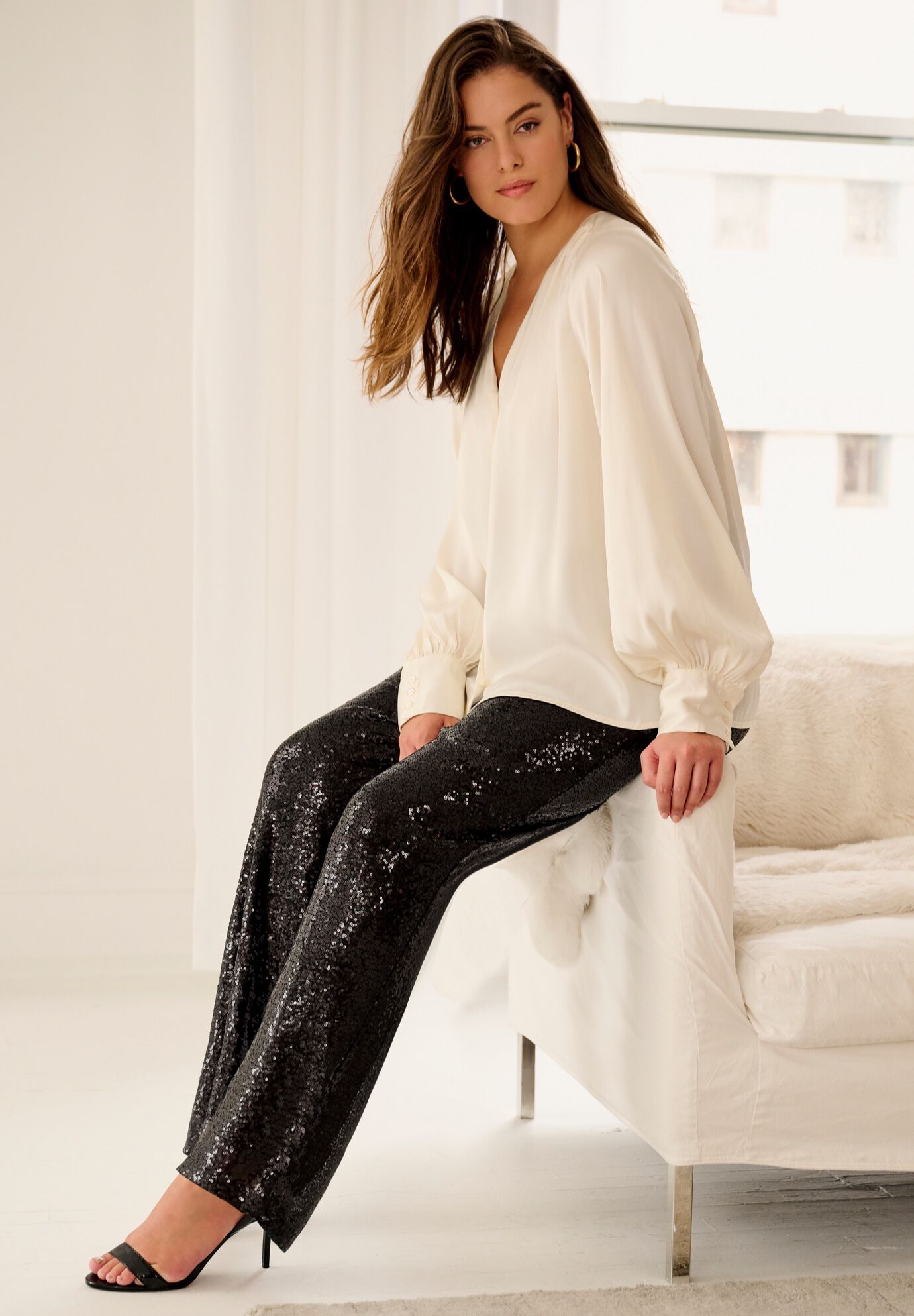 Satin Blouson Sleeve Button Front Blouse, , alternate image number 4