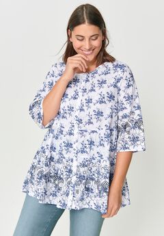 100% Cotton Cambric Three-Quarter Sleeve Tiered Flounce Scoopneck Tunic
