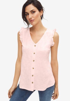 Button-Front Ruffle Sleeve Tank