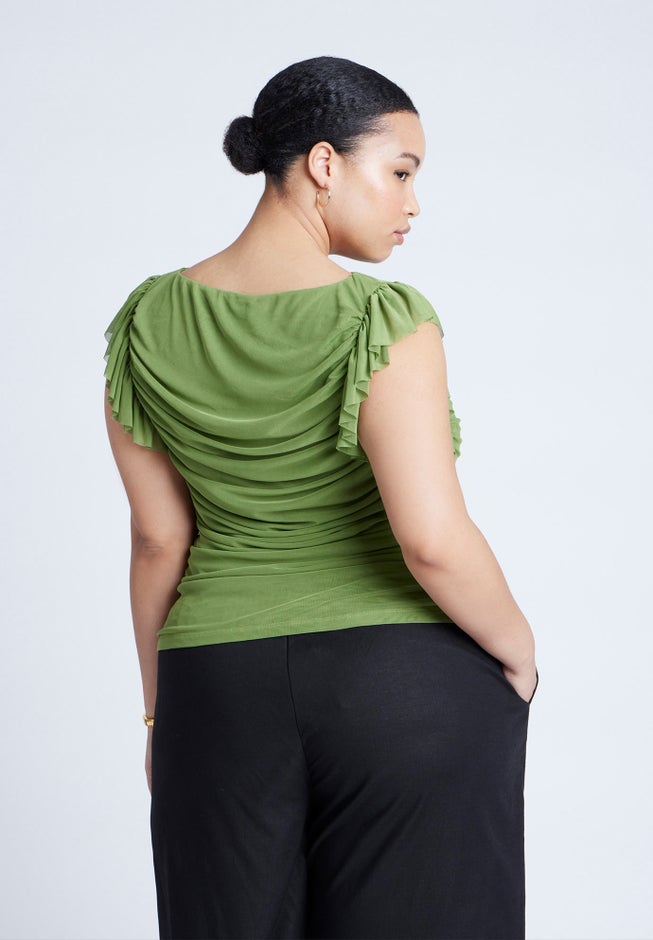Shirred Mesh Top With Shoulder Flounces image number 1