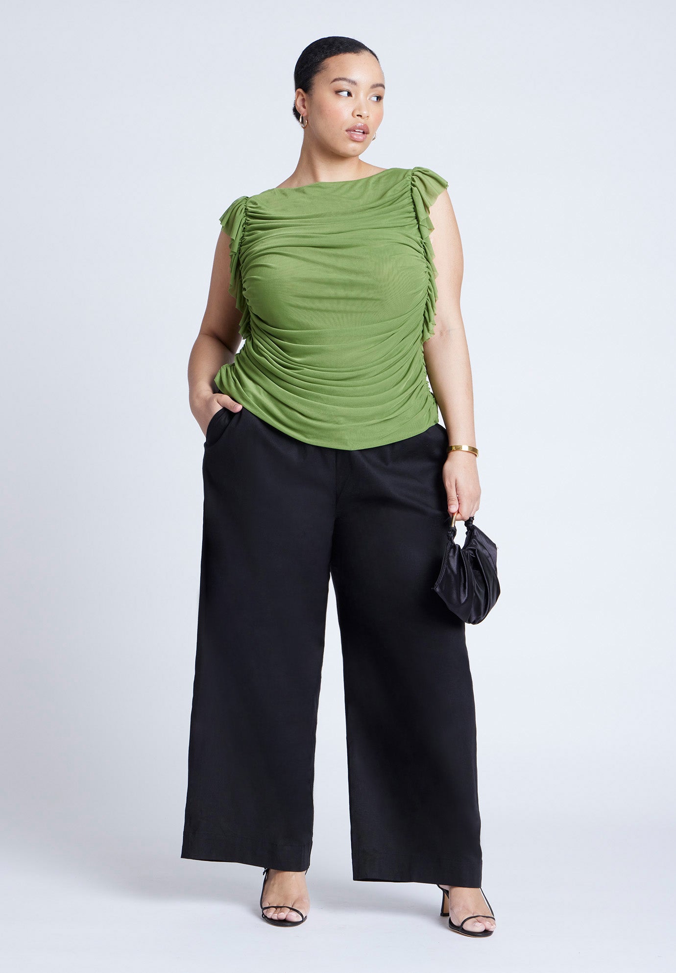 Shirred Mesh Top With Shoulder Flounces image number 3