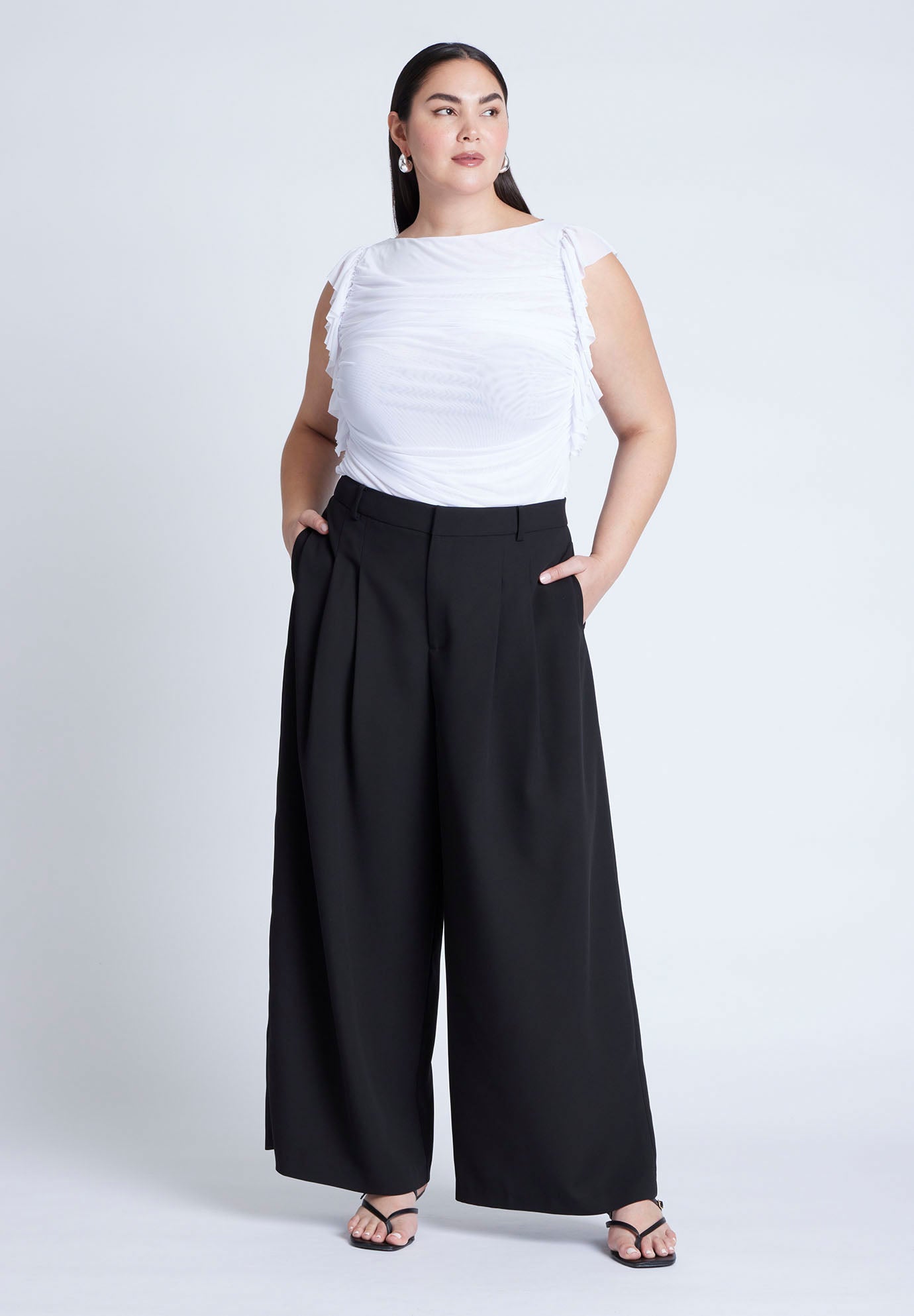 Shirred Mesh Top With Shoulder Flounces image number 2