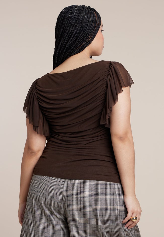 Shirred Mesh Top With Shoulder Flounces image number 1