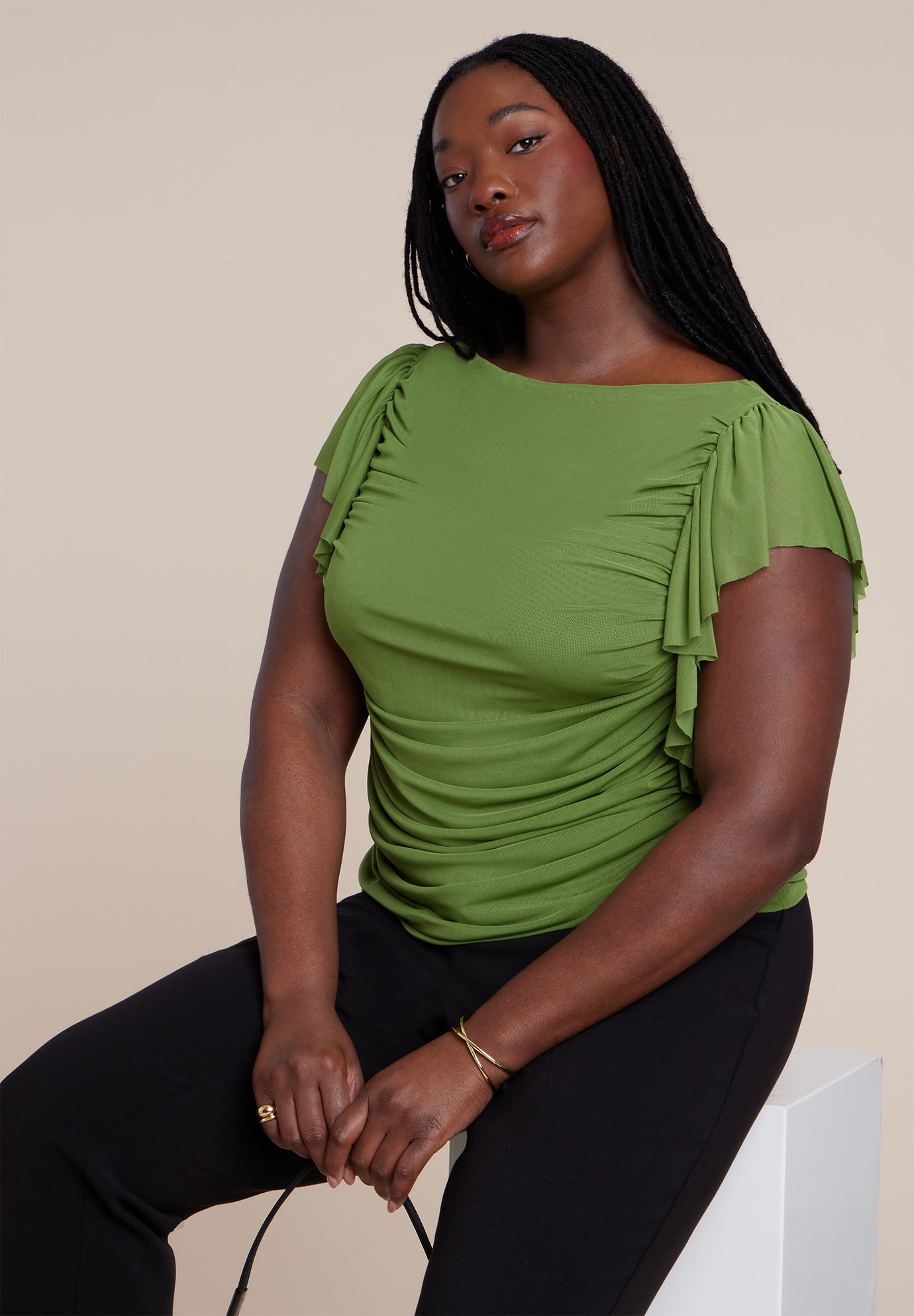 Shirred Mesh Top With Shoulder Flounces image number 0