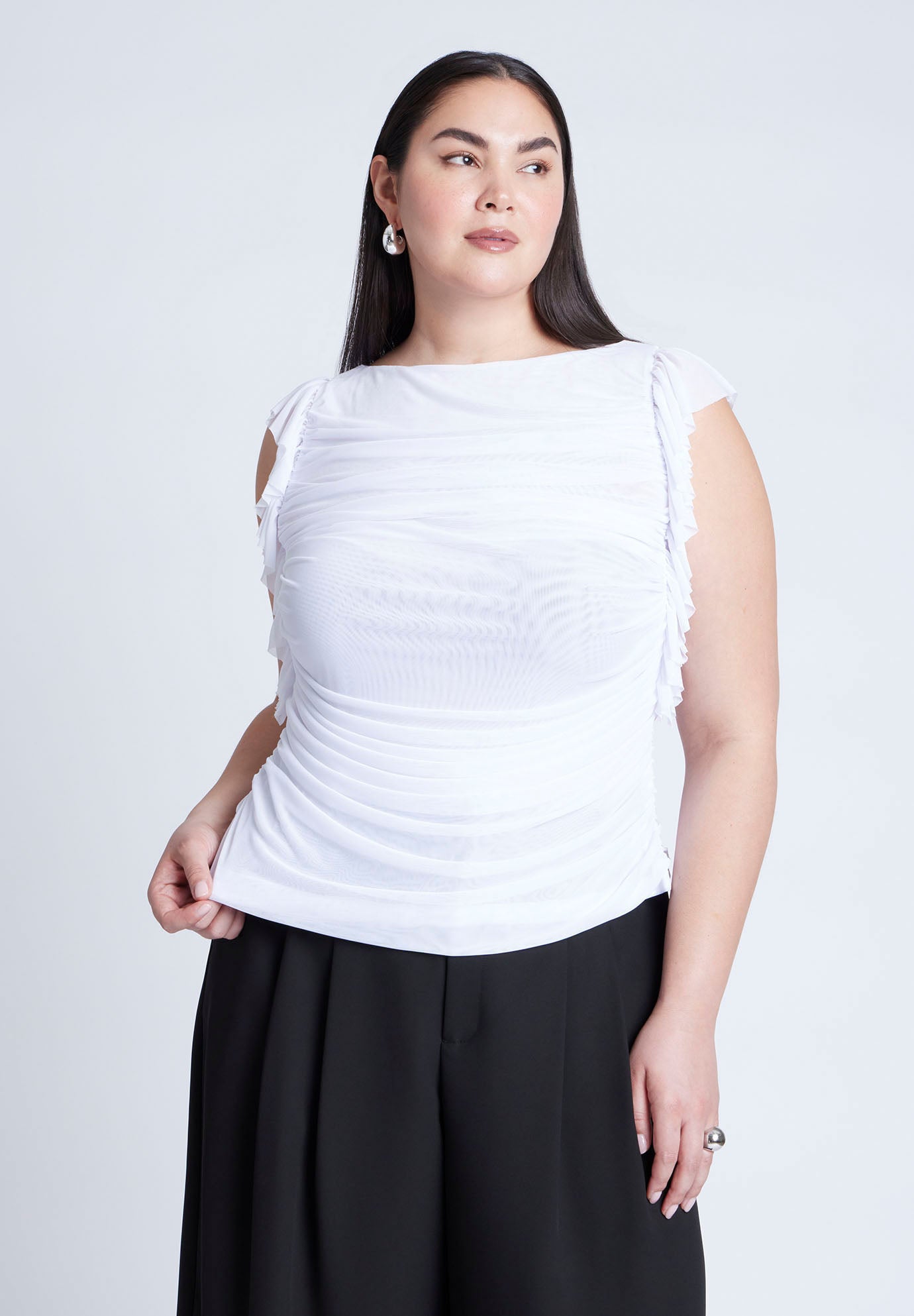 Shirred Mesh Top With Shoulder Flounces image number 0