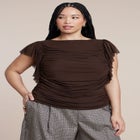 Shirred Mesh Top With Shoulder Flounces image number null