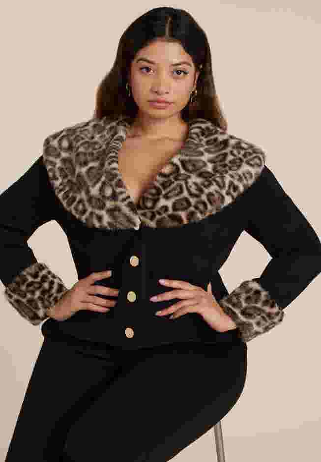 Leopard Faux Fur Trim Jacket image number 1