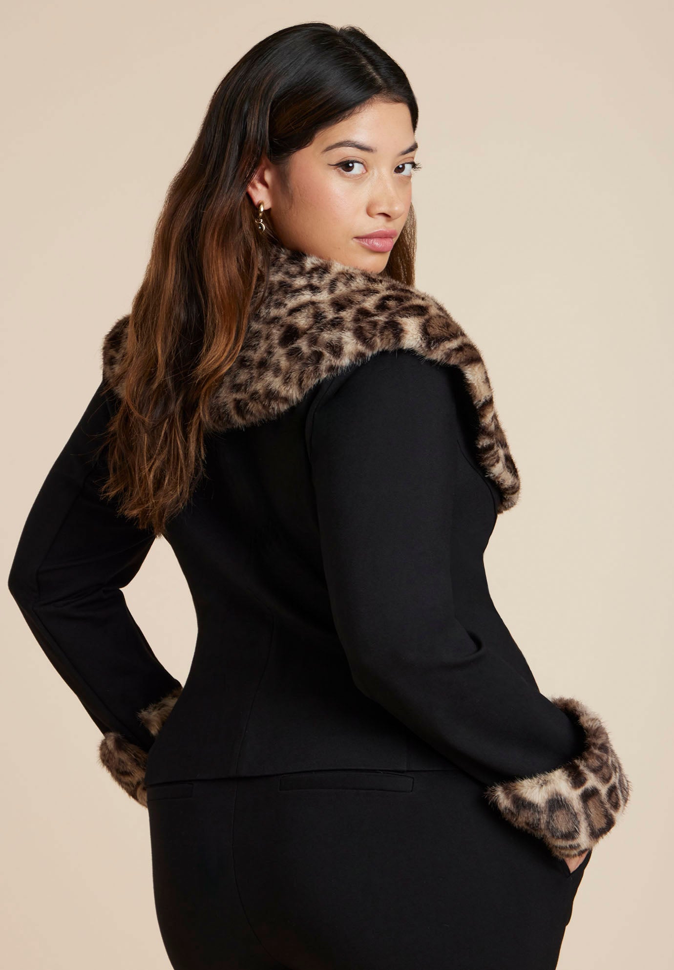 Leopard Faux Fur Trim Jacket image number 2