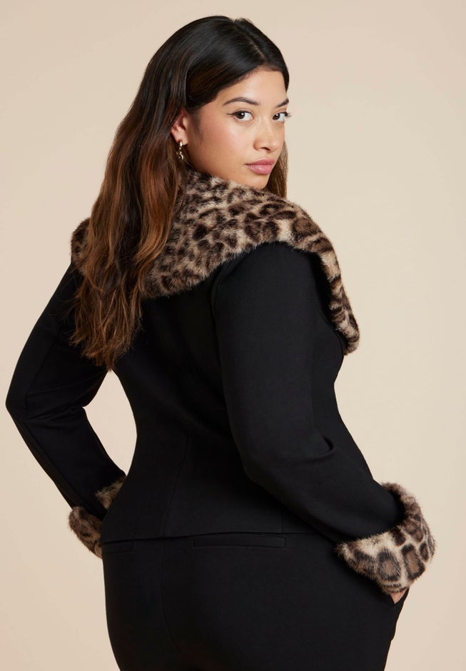 Leopard Faux Fur Trim Jacket image number 2