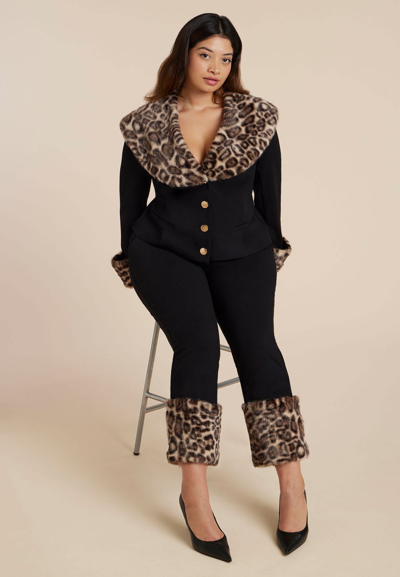 Leopard Faux Fur Trim Jacket image number 3
