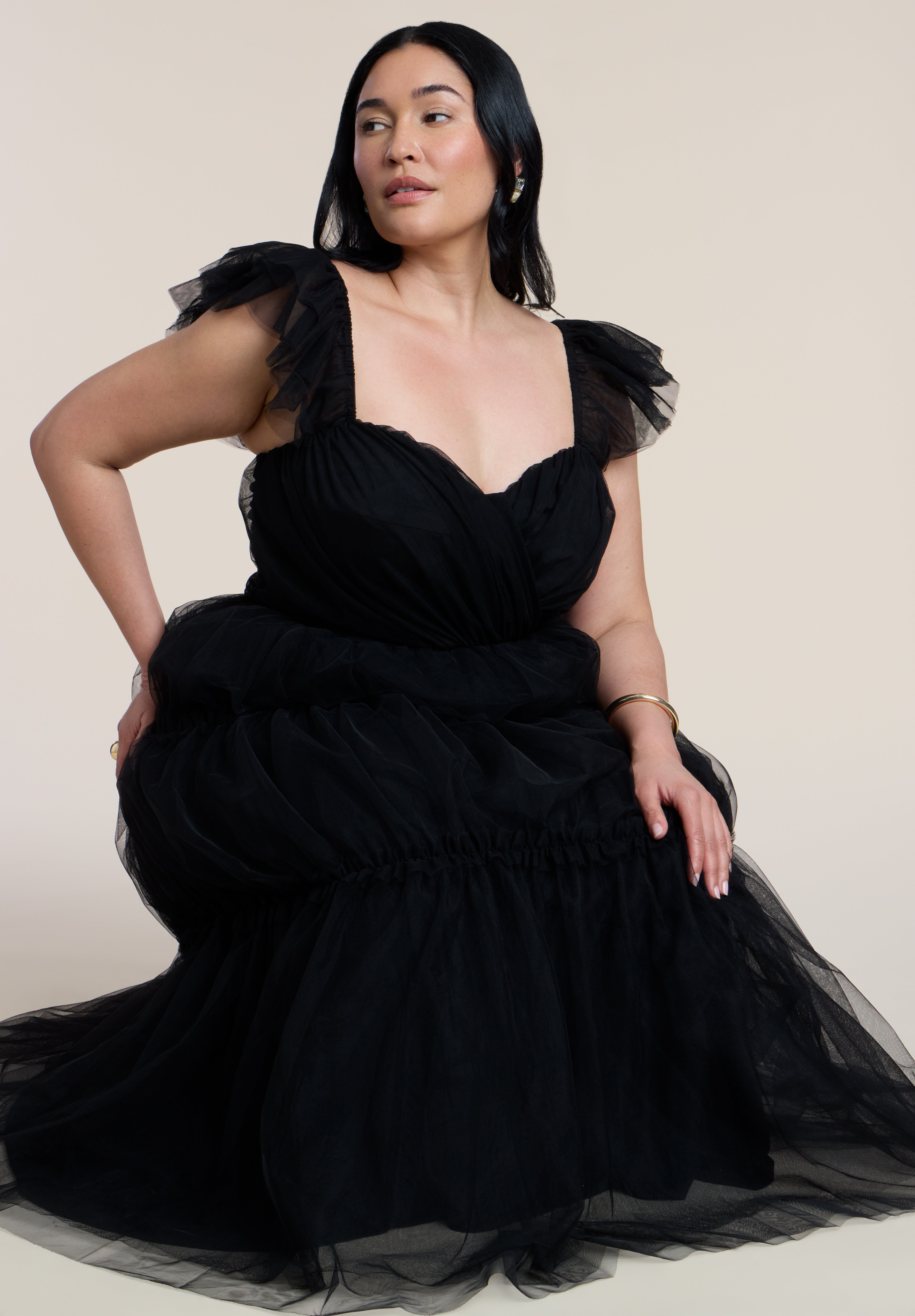 Flutter-Sleeve Tulle Midi Dress image number 4