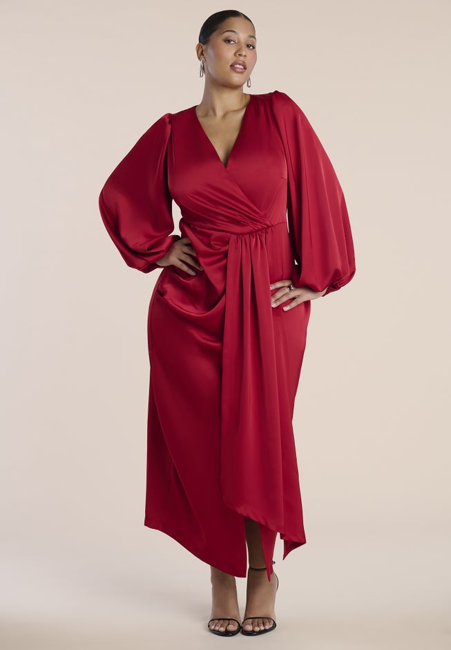 Pleated Satin Puff-Sleeve Maxi Dress image number 1