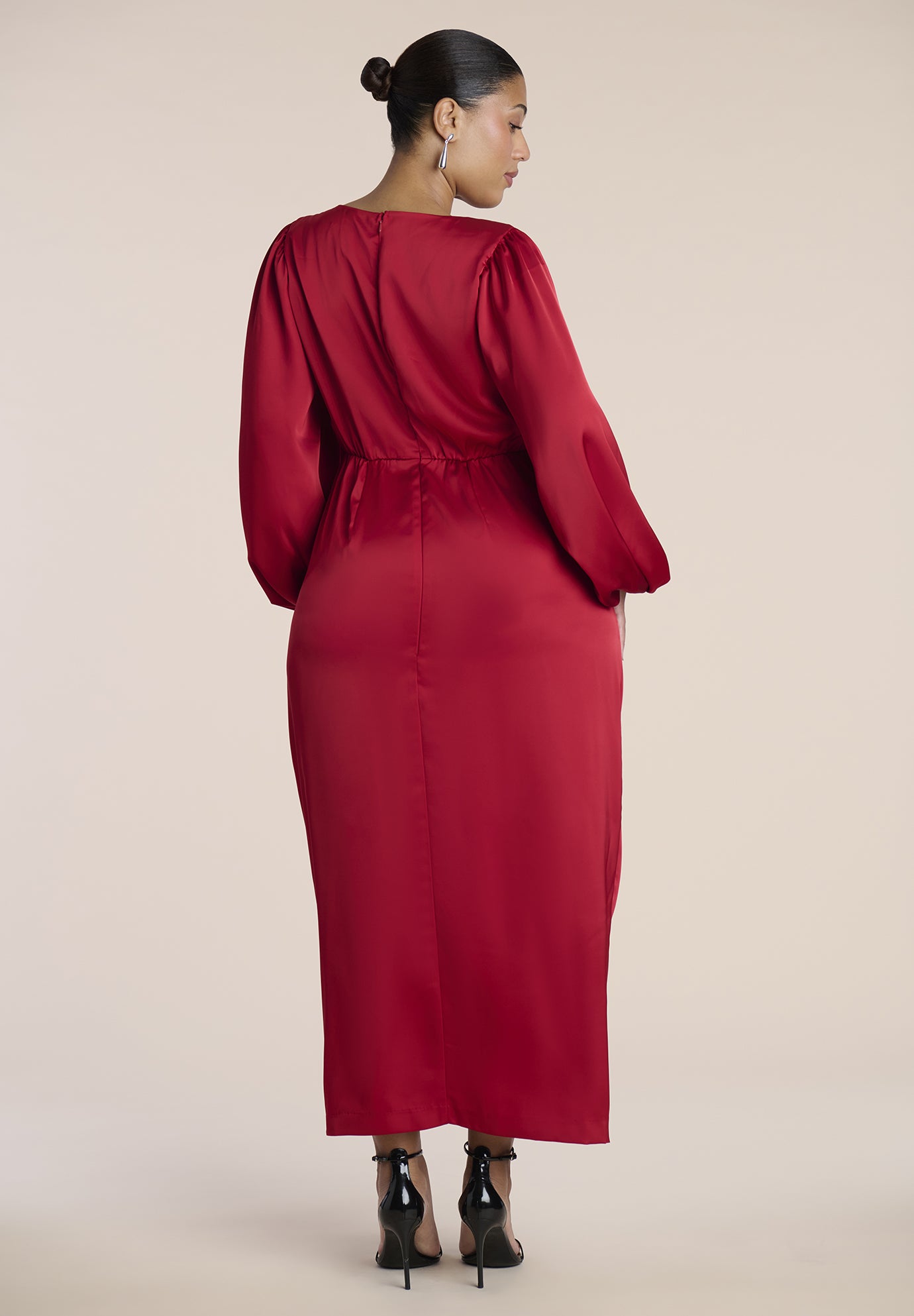 Pleated Satin Puff-Sleeve Maxi Dress image number 2