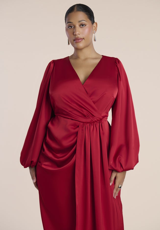 Pleated Satin Puff-Sleeve Maxi Dress image number 3