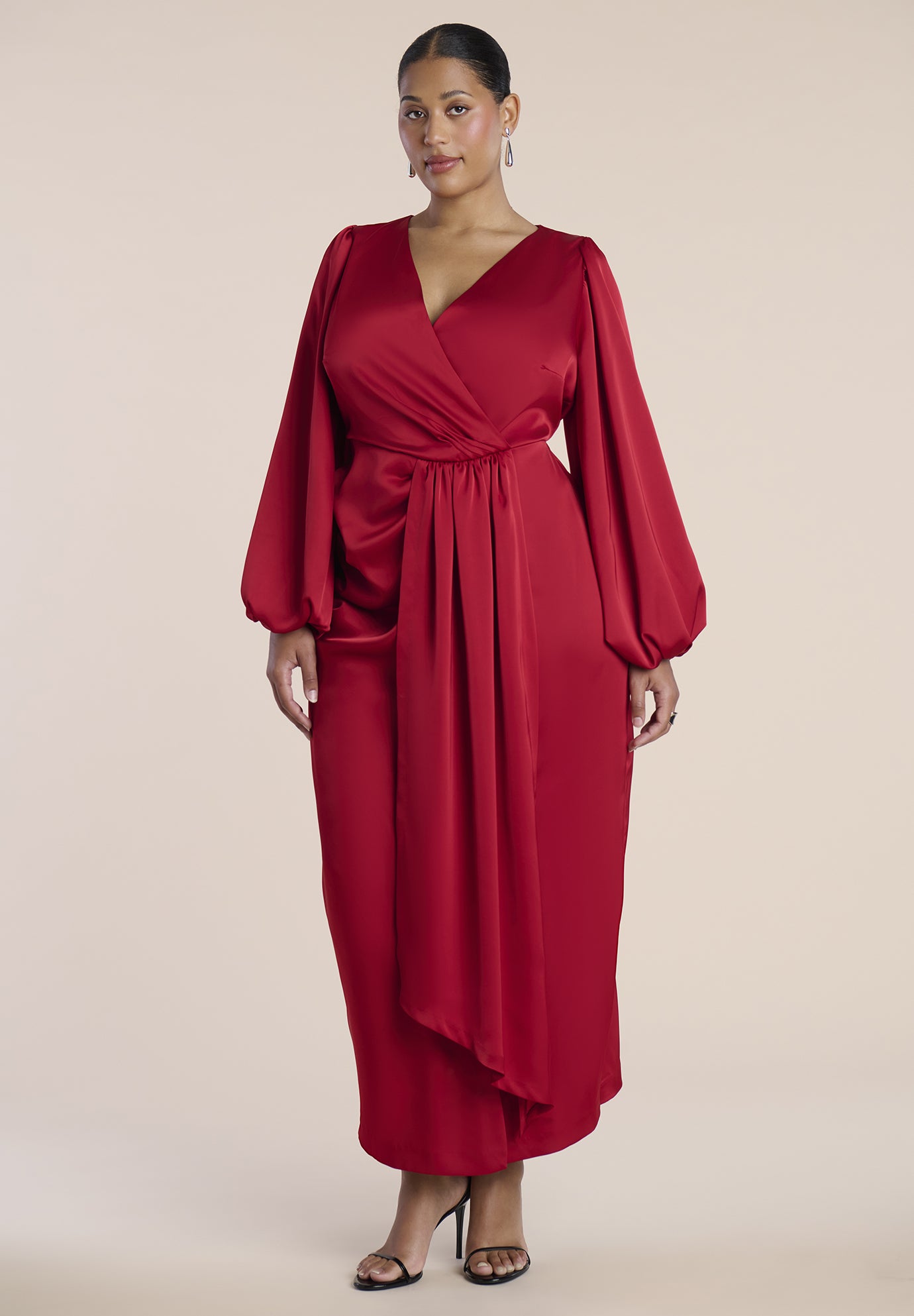 Pleated Satin Puff-Sleeve Maxi Dress image number 0