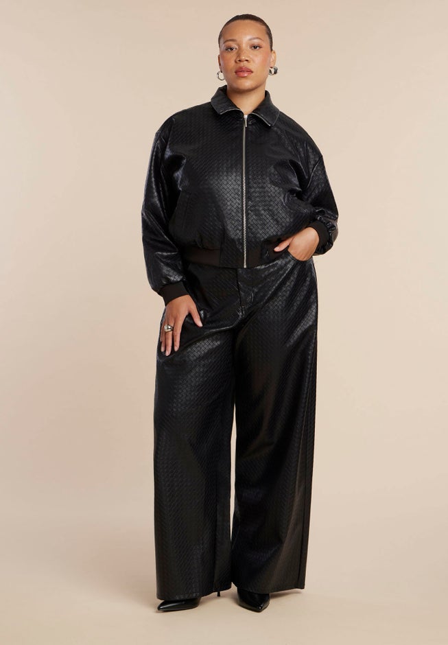 Basket Weave Faux Leather Bomber Jacket image number 3