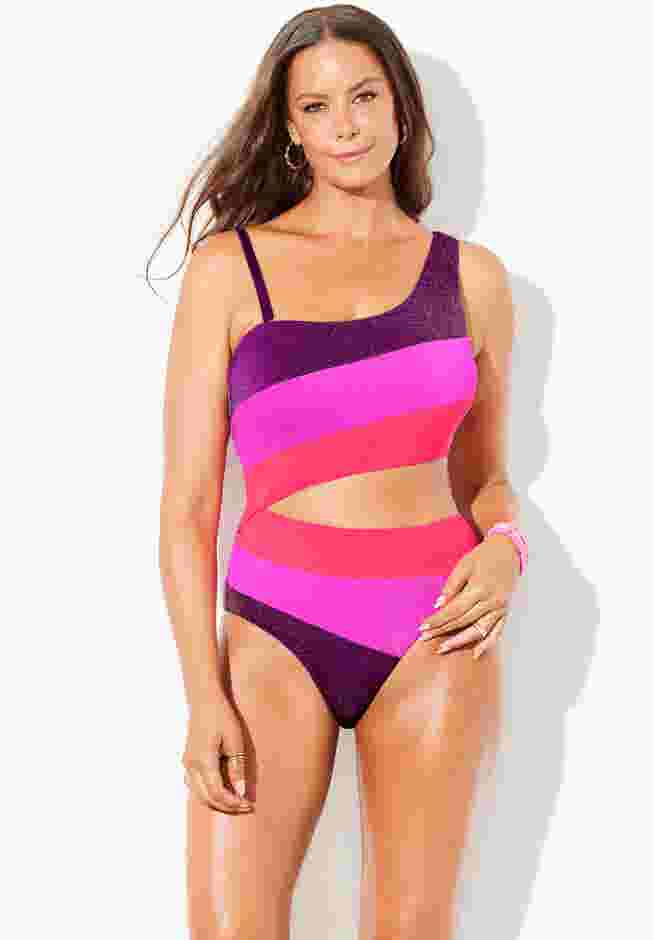 One Shoulder Color Block Cutout One Piece Swimsuit image number 1