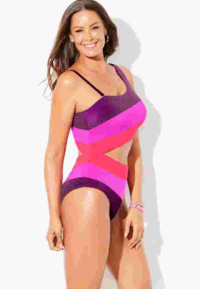 One Shoulder Color Block Cutout One Piece Swimsuit image number 2